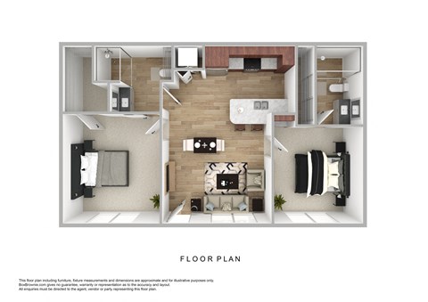 Floor plan for 2 beds, 2 baths, 848 sqft